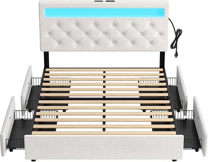Rolanstar Full Size Bed Frame with 4 Storage Drawers and Charging Station, Full Bed with Led Lights, 2 USB & 1 Type C, Adjustable Headboard 38.9/40.10 Inches, No Box Spring Needed, White