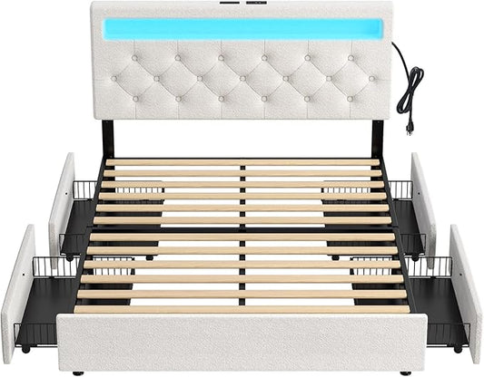 Rolanstar Full Size Bed Frame with 4 Storage Drawers and Charging Station, Full Bed with Led Lights, 2 USB & 1 Type C, Adjustable Headboard 38.9/40.10 Inches, No Box Spring Needed, White