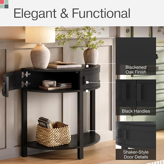 Living Room Furniture Sofa Table Half Moon - 32 in x 15.75 in, Blackened Oak Rustic Wood - Console Table with Storage & Black Knobs for Hallway & Entryway Decor