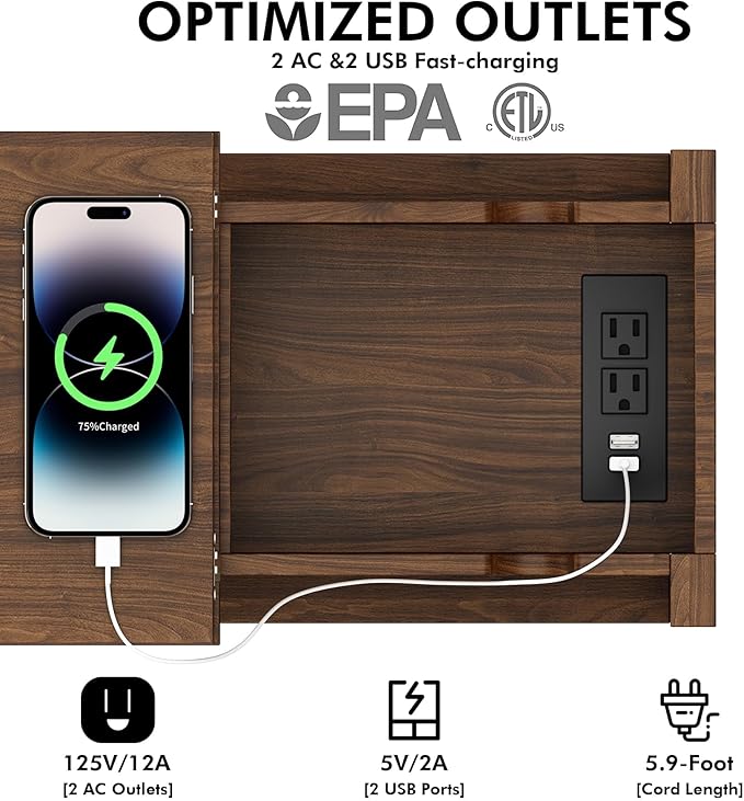 Narrow End Table with Charging Station - Farmhouse Slim Side Table Set of 2, w/USB Ports Power Outlets, Nightstand w/Flip Top Storage Drawer, for Small Spaces Living Room Bedroom, Walnut