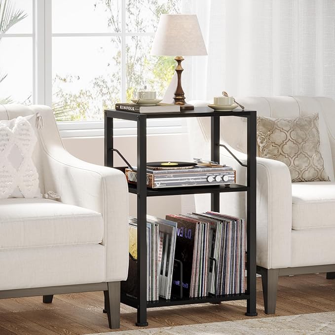 Hosfais 3 Tier Record Player Stand, Retro Vinyl Record Storage End Table Records for Living Room Bedroom (Black)