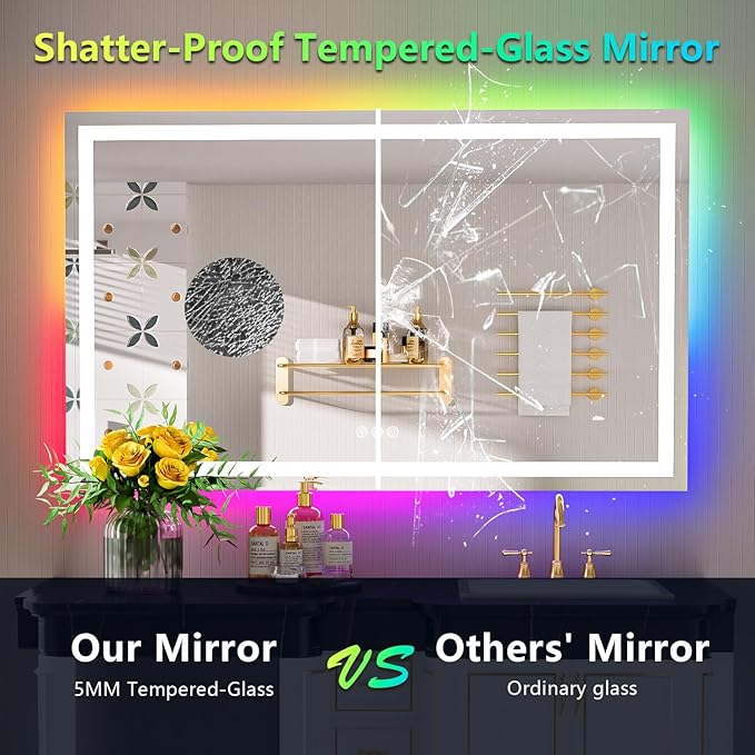 51x40 Inch RGB LED Bathroom Mirror Front Light and RGB Backlit Lighted Vanity Mirror for Bathroom Wall Mounted Dimmable Anti Fog Memory Shatter-Proof IP54 Waterproof Horizontal/Vertical