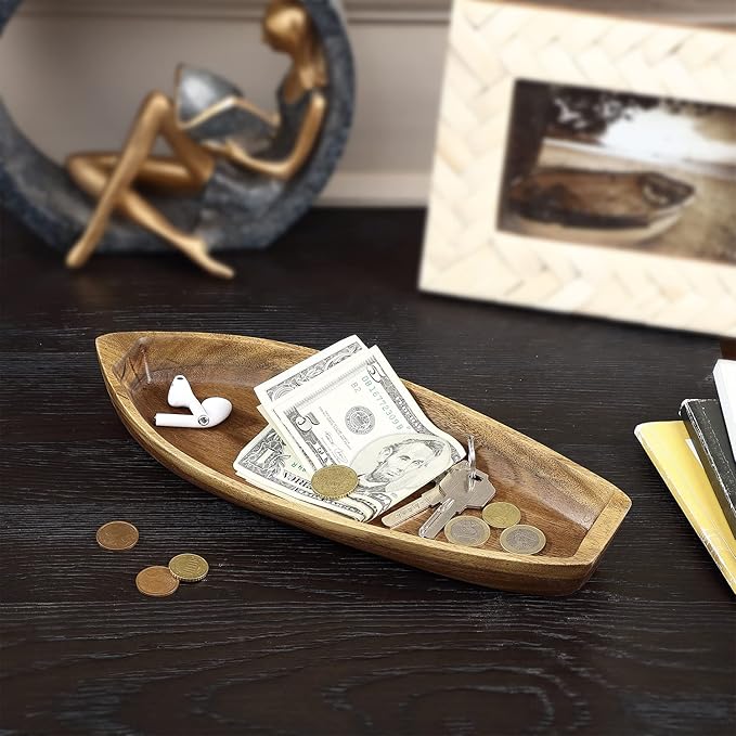 Lucky Boat Serving Tray, Acacia Solid Wood Boat Shape Plate for Serving Desserts, Fruit, Snack and Seafood or House Ornament,Key Tray,Functional and Storage Decorative Bowl。 (S)