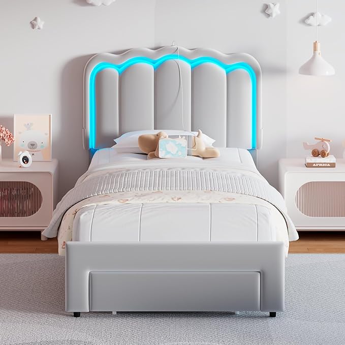 Twin Upholstered LED Bed Frame with Storage Drawer and Adjustable Chic Double Wavy Headboard, Velvet Prince Platform Bed for Boys/Kids, Solid Wood Slats Support, No Box Spring Needed, Grey