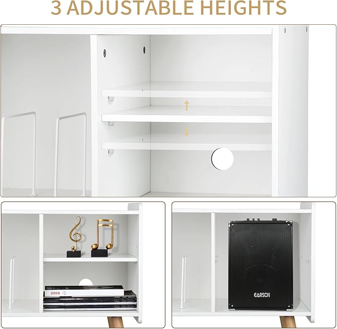 Mid-Century Record Player Stand, Vinyl Record Cabinet Holder with Storage Up to 100 Albums, Record Player Table for Living Room Bedroom Office, Turntable Stand with Wood Legs, White