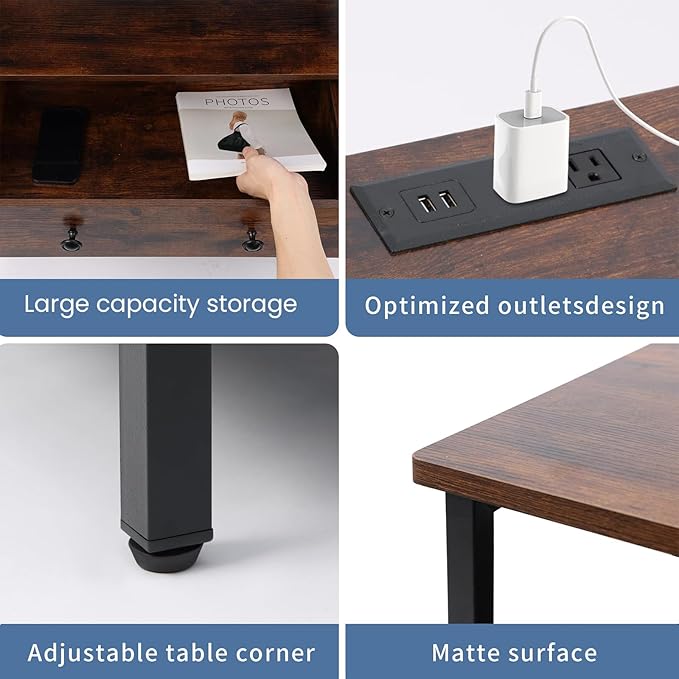 3 Wooden Drawers Nightstand, 27 Inch Wide Night Stand Set 2 with Charging Station and Adjustable Drawers, Bedside Table for Living Room/Bedroom/Office, Retro Brown.