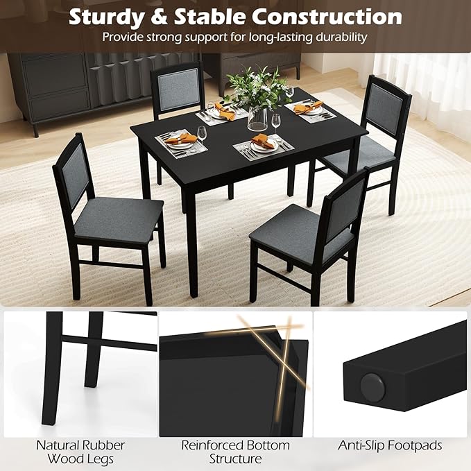 Giantex 5-Piece Dining Table Set for 4 - Breakfast Nook Table Set with Kitchen Table, 4 Upholstered Chairs, Wood Legs, Space-Saving Dinette Set, Kitchen Table Chairs Set of 4 (Black+Grey)