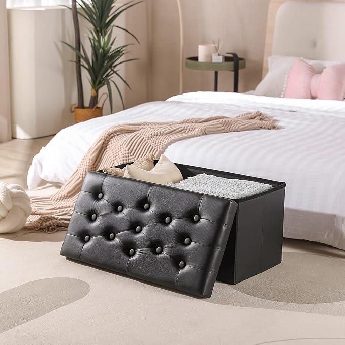 PRANDOM Extra Large Ottoman with Storage [1-Pack] Faux Leather Folding Small Square Foot Stool with Lid for Living Room Bedroom Coffee Table Dorm Black 30.5x15x15 inches