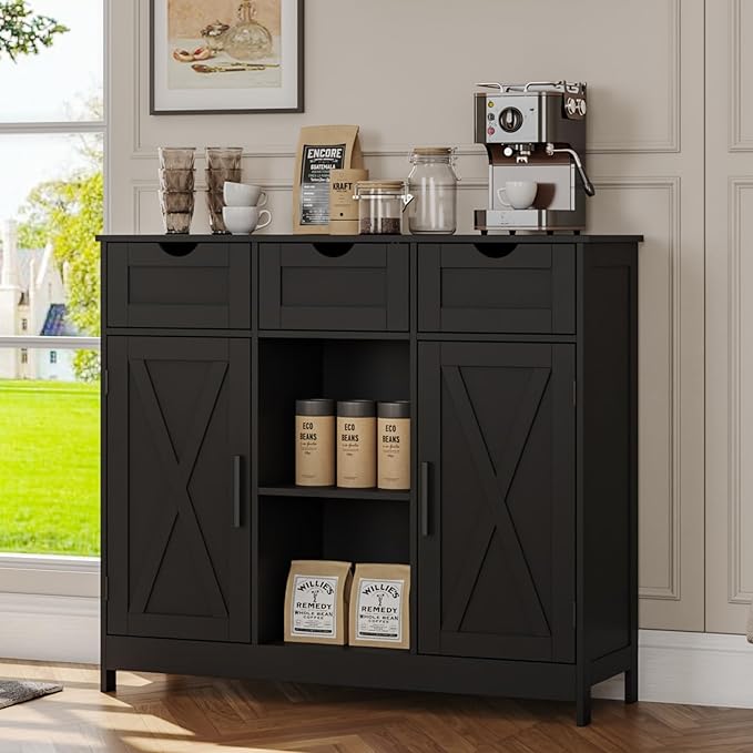 Storage Cabinet, Coffee Bar Cabinet with 2 Adjustable Shelves, 3 Drawers, and 2 Doors, for Bathroom, Kitchen, Living Room (Black)