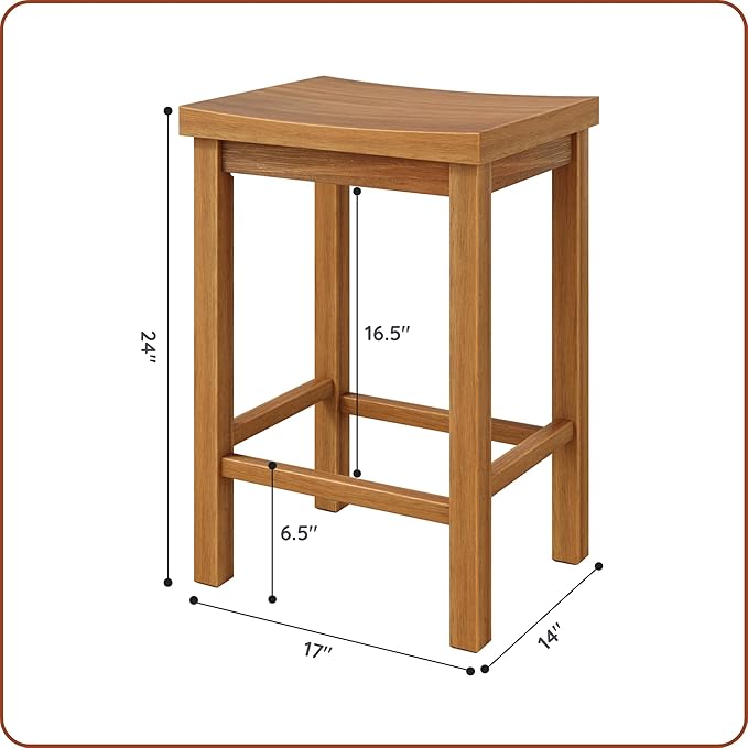Grain & Grove Smith Collection Set of 4 Solid Wood Counter Height Bar Stools, 24-Inch Saddle Seat Backless Stools, Ideal for Kitchen Island, Dining, or Home Bar Seating, Pecan