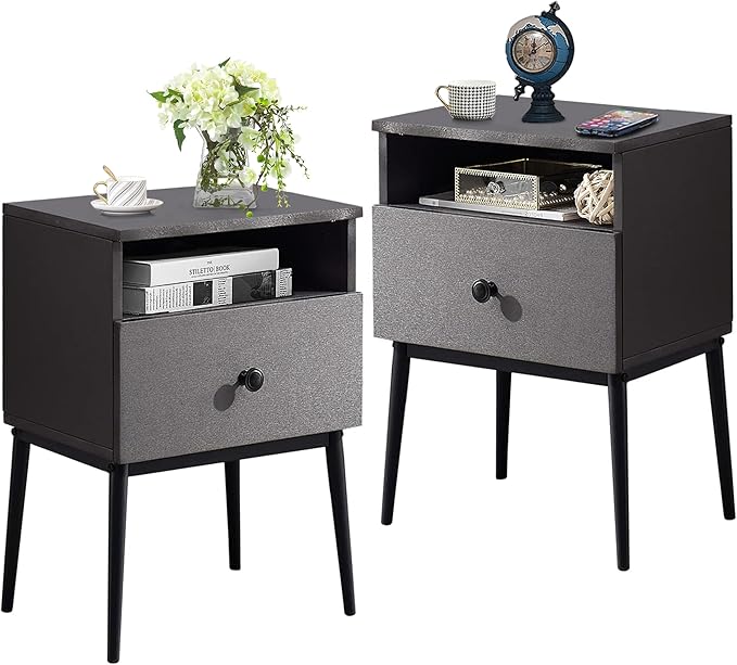 VECELO 2-Tier Nightstands Bedside Table with Storage Drawer and Open Wood Shelf, End Table for Living Room, Bedroom and Small Spaces, Night Stand with Metal Legs, Easy Assembly