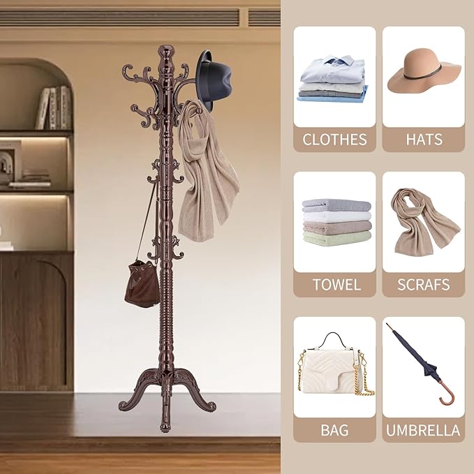 Wood Coat Rack Stand, Classic Wooden Coat Rack Freestanding with Sturdy Triangle Base, Vintage Coat Racks with 14 Hooks, Natural Birch Wood Entryway Corner Office Coat Hall Tree Hanger Stand