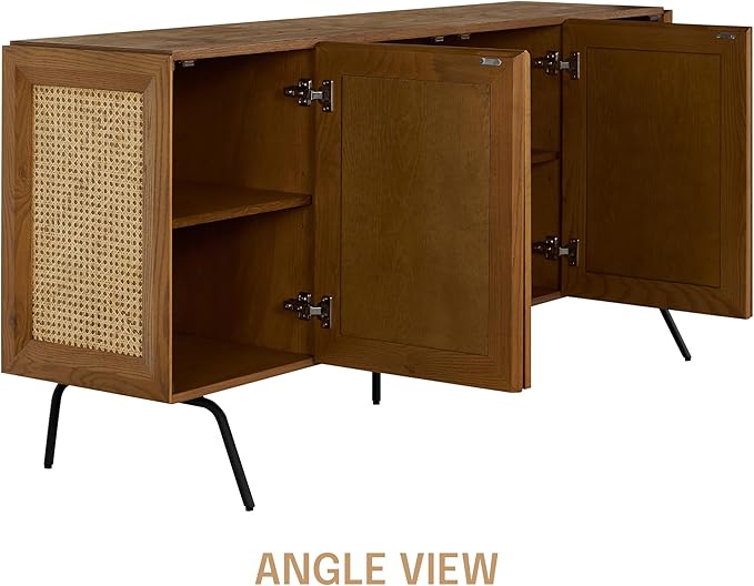 NTC MOSSIC Modern Sideboard with 4 Doors, Natural Rattan Storage Cabinet, Buffet with Metal Legs, Boho Accent Cabinet for Living Room, and Entryway, Effortless Assembly - Rustic Oak