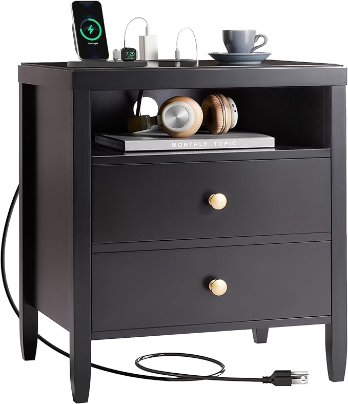 Huuger Nightstand with Charging Station, Black Nightstand with 2 Drawers, Bed Side Table for Bedroom, Bedside Table with Storage, Modern Nightstands, Metal Knobs, Painted Surface