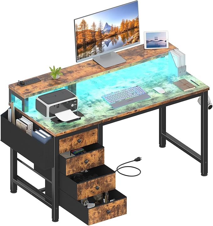 Lufeiya Reversible Gaming Desk with LED Lights and Power Outlets, 47 inch Home Office Desk with Monitor Stand, Computer Desk with Fabric Drawers, Rustic Brown