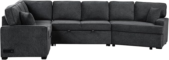 126" Extra Large Pull-Out Sofa Bed with Drop-Down Cup Holder Tables,L-Shaped Sectional Couch W/Charging Device,Convenient Sleeper Furniture Set for LivingRoom Apartment,Beige Chenille