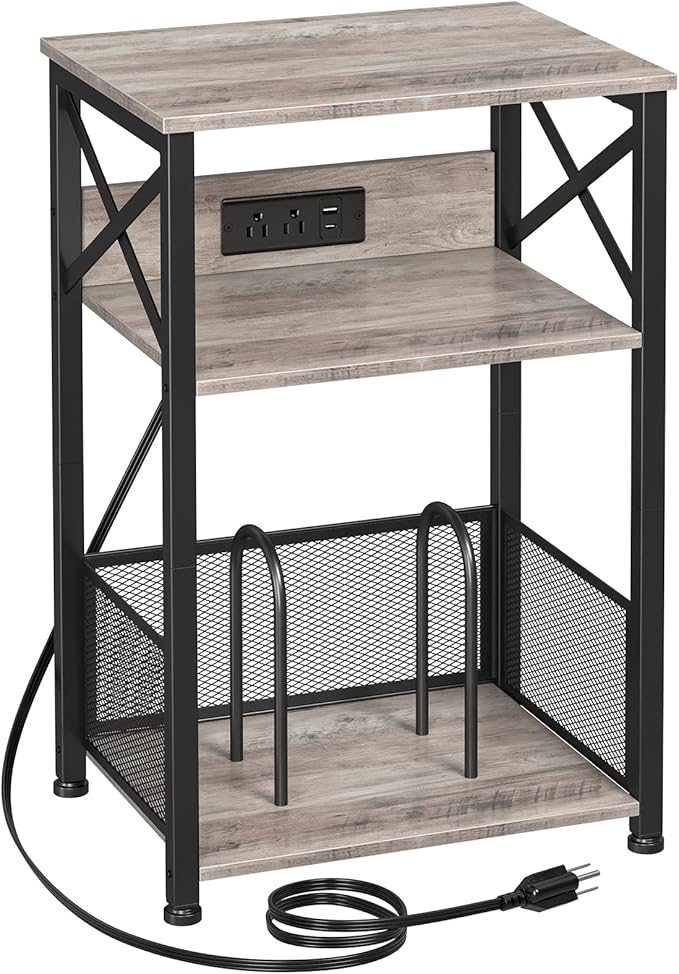 AMHANCIBLE Record Player Stand with Charging Station, Turntable Stand with Storage Cabinet, 3 Tier End Table Hold Up to 100 Albums, Record Stand for Vinyl, Living Room, Greige, HETCD01GY-1
