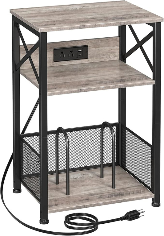 AMHANCIBLE Record Player Stand with Charging Station, Turntable Stand with Storage Cabinet, 3 Tier End Table Hold Up to 100 Albums, Record Stand for Vinyl, Living Room, Greige, HETCD01GY-1