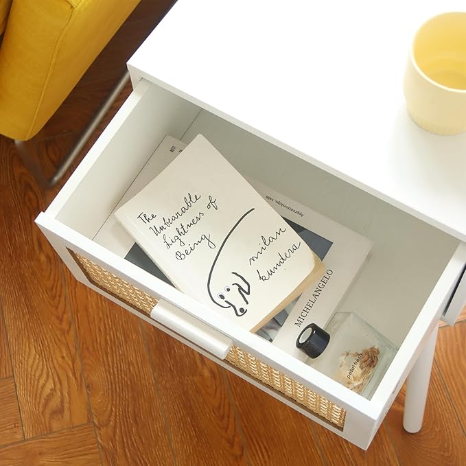 AWASEN White Rattan Nightstand, Modern Bedside Table with Rattan Drawer, End Table with Storage and Solid Wood Legs for Bedroom Living Room Small Space (White)