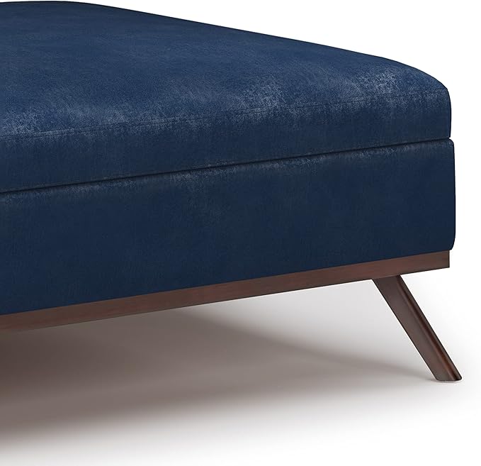 SIMPLIHOME Owen 36 inch Wide Mid Century Modern Square Coffee Table Storage Ottoman in Distressed Dark Blue Vegan Faux Leather, Assembled, for the Living Room, Entryway and Family Room