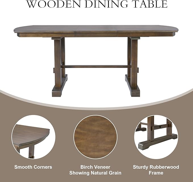 Ball & Cast Dining Table Set for 6,60" to 78" Extendable Wood Dining Table with Removable Leaf,6-Piece Kitchen Table Set W/ 4 Upholstered Chair and 1 Bench,for Dining Room,Kitchen,Restaurant,Brown