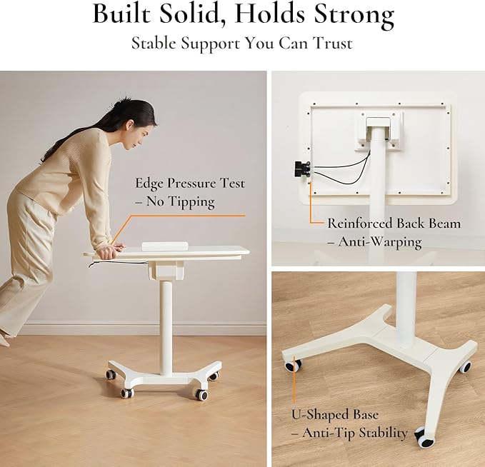 Adjustable Computer Desk, Solid Wood Folding Desk with Wheels, Mobile Home Office Laptop Table, Sit Stand Workstation, Rolling Desk, 28.35-42.52 H x 31.5 W x 19.69 D Inches,White