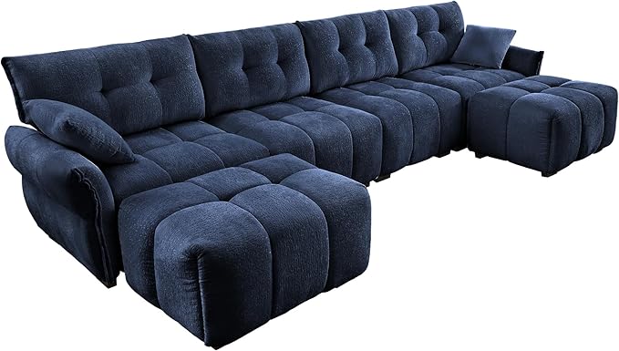 Modern Chenille Fabric 4-Seat Sofa w/Two Ottoman+2 Pillows, Premium Upholstery Living Room Couch with Tufted Backrest & Comfortable Armrests and High-Resilience Memory Foam Cushions,Blue