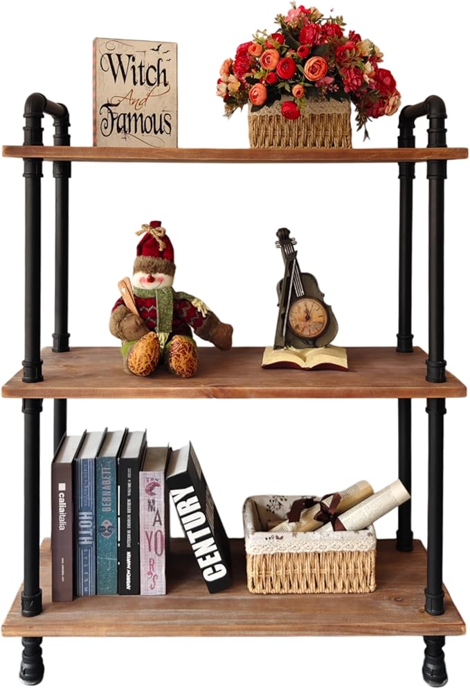 Industrial Bookshelf, 3 Tier Pipe Shelving, Industrial Pipe Shelf - Weathered Brown, 29.5" L x 11.8" W x 39" H