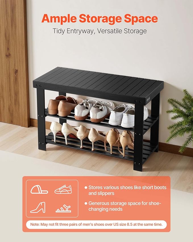 VEVOR Shoe Rack Bench, 3-Tier Bamboo Entryway Bench, Shoe Storage Organizer Holds Up to 286 lbs, 27.6 x 11.3 x 17.8 Inches, for Front Door, Hallway, Living Room, Bedroom, Black