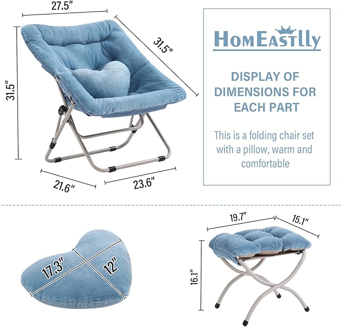 Saucer Chair with Ottoman, Comfy Oversized Folding Chair, Faux-Fur Reading Chair for Teens, Adults, Foldable Accent Lazy Chair, Metal Frame Lounge Chair for Living Room, Bedroom, Blue