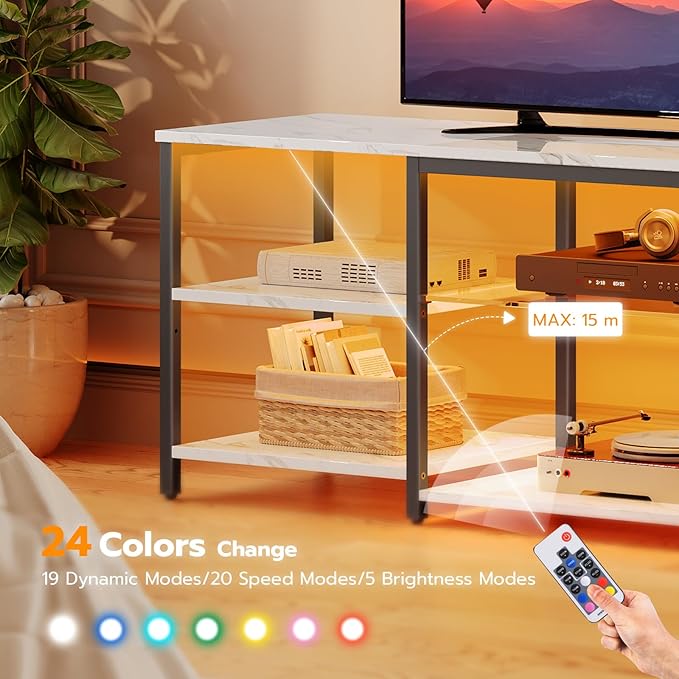HOOBRO LED TV Stand for 65 Inch TVs with Charging Station, Gaming Entertainment Center with 3-Tier Open Storage, Long Media TV Console Table, TV Stand for Living Room, Bedroom, Marble White BM20UDDS01