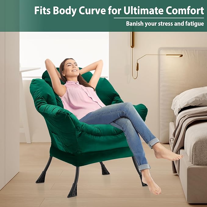 Lazy Chair Thick Padded, Comfy Velvet Accent Lounge Chair with Stable Frame, Leisure Sofa Armchair with Armrests and Side Pocket, Reading Chair for Bedroom, Living Room, Office, Green