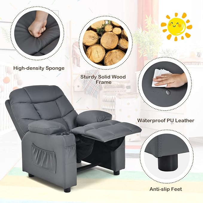 Costzon Kids Recliner Chair with Cup Holder, Adjustable Lounge Chair w/Footrest & Side Pockets for Children Boys Girls Room, Ergonomic Toddler Furniture Sofa, Kids Recliner (Grey)