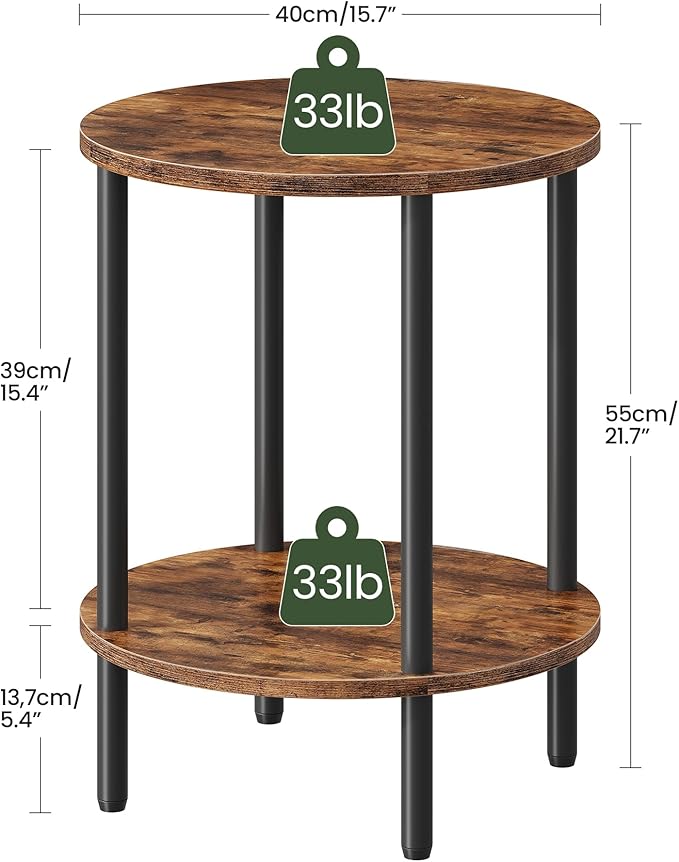 Round Side Table, 2-Tier End Table, Small Side Table with Metal Tube, Industrial Coffee Table, for Living Room, Bedroom, Rustic Brown and Black TBZ11BF
