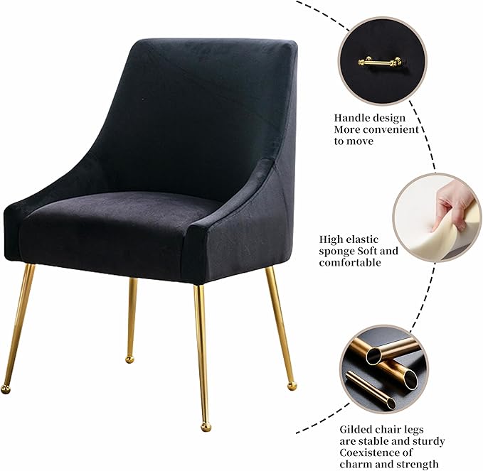 Modern Velvet Dining Chairs Set of 2, Contemporary Upholstered Furniture Collection with Polished Gold Metal Legs, Elegant Accent Chairs for Kitchen Living Room(Black)
