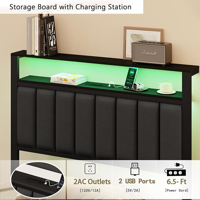 Furnulem Twin Bed Frames with Charging Station and LED Lights, Grey Upholstered Headboard with Shelves, Metal Platform Bed with 2 Under-Bed Storage (Fabric Drawer on Wheels), No Box Spring Needed