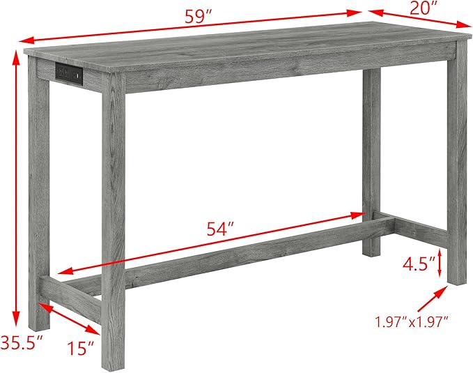KEIKI 4-Piece Bar Table Set with Charging Station - 59" Industrial Kitchen Table & 3 Upholstered Stools, USB/Type-C/AC Outlets, Solid Wood Frame - for Dining Room, Apartment, Living Room (Grey)