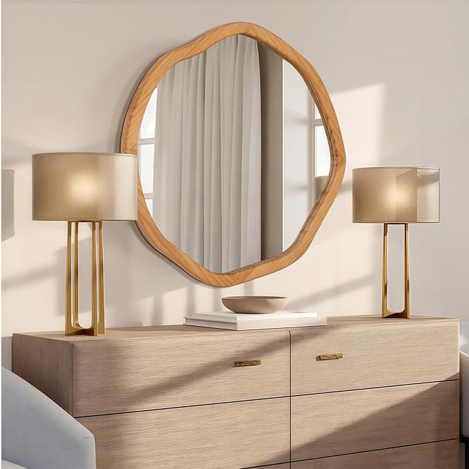 ULIKE Round Wood Mirror 24 Inch Circle Wall Mirror, Asymmetrical Bathroom Vanity Mirror with Wood Frame, Decorative Wall Mounted Mirror for Bedroom, Living Room, Entryway, Natural