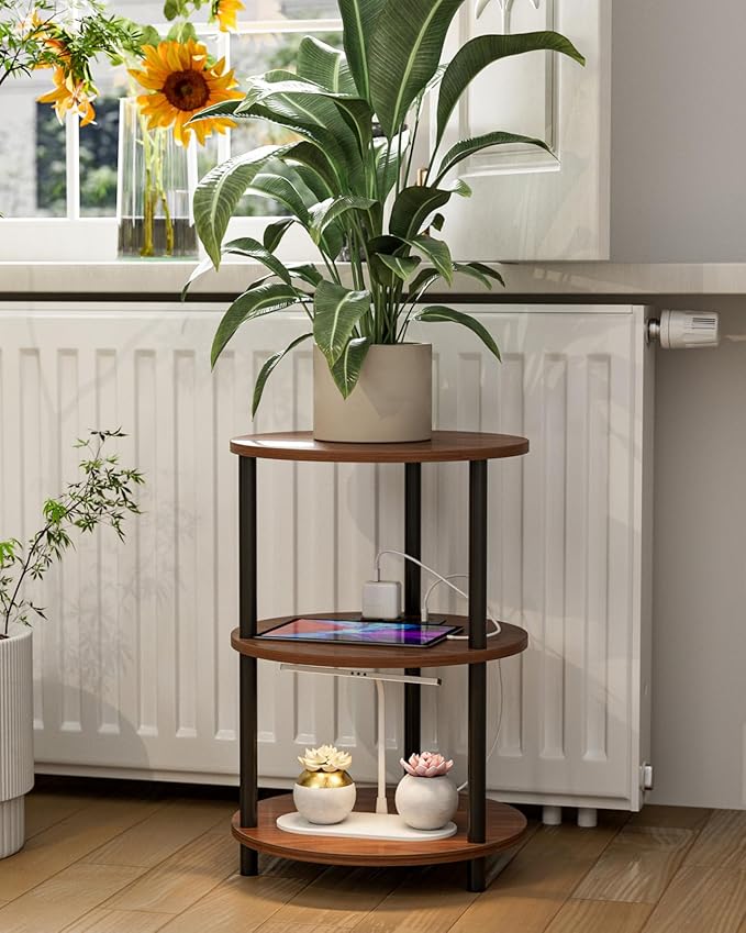 Small Round End Table - 3 Tier Design Accent Table, Narrow Side or Bedside Stand, Industrial Vintage Table for Small Spaces, Built-in USB Ports and Power Outlet, Rustic Walnut