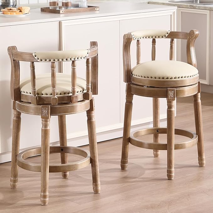 Cow top Leather Wooden Bar Stools, 360 Degree Swivel Bar Height Chair with Backs for Home Kitchen Counter, Morden Chair Barstools (Retro-Beige, Counter Height-Seat Height 26”)