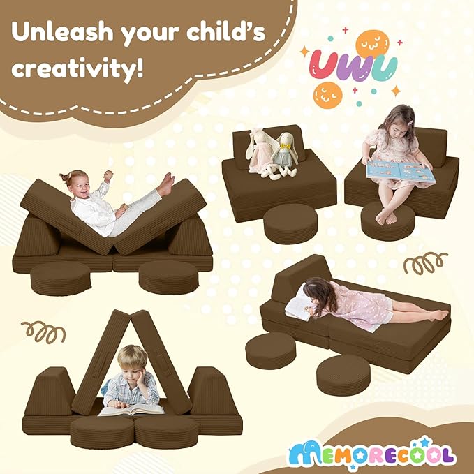 MeMoreCool Kids Couch for Playroom, Corduroy Convertible Toddler Couch, 8 Piece Modular Play Sofa, Foam Fort Building Set for Child Room Furniture, Brown