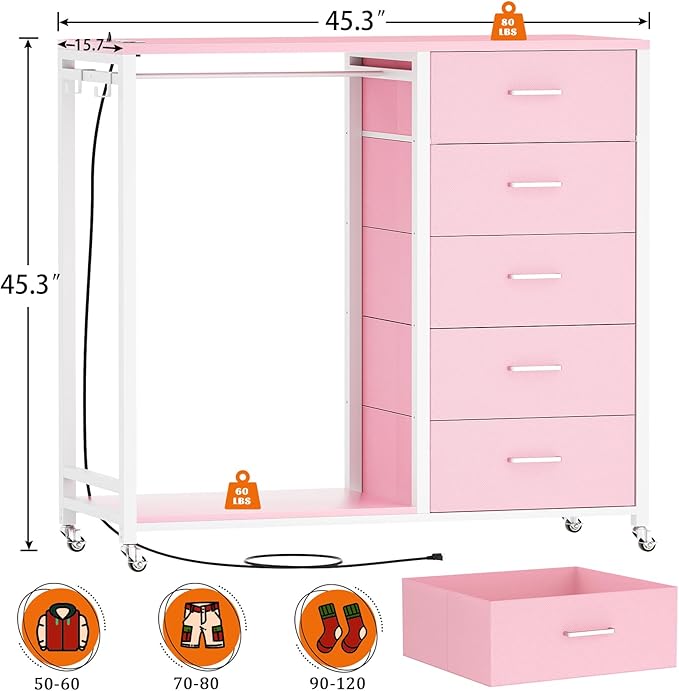 Cyclysio Dresser for Bedroom with Clothes Rack, 5 Fabric Drawers Dresser with Charging Station & LED Lights, Pink Storage Chest of Drawers with Wheels, Wooden Top, Lockable Wheels, Closet, Pink