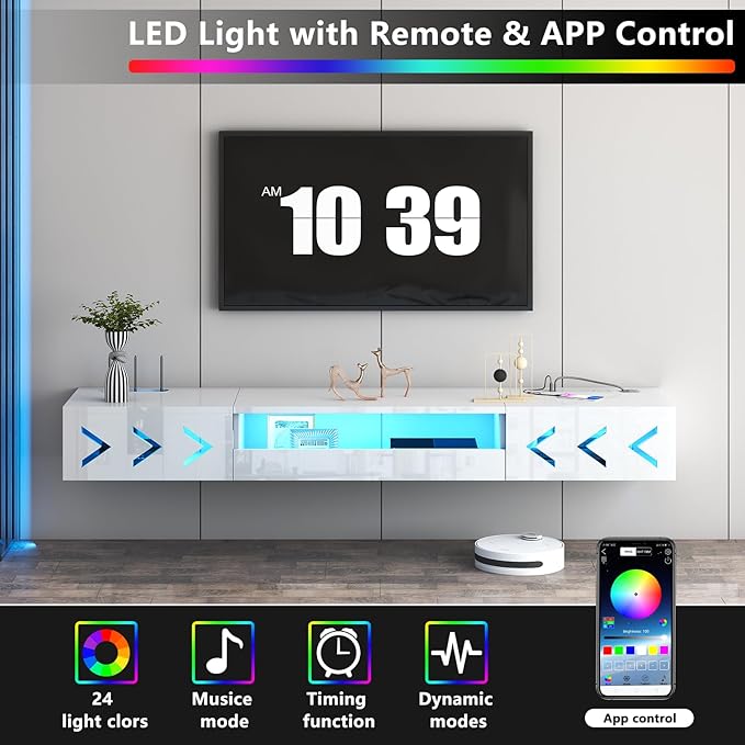 Floating TV Stand, 71" Floating Entertainment Center Wall Mounted,Floating Wall Mounted TV Shelf with Led Lights and Power Outlet,Modern High Gloss tv Cabinet Media Console with Storage