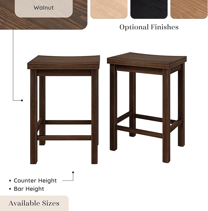 Grain & Grove Smith Collection Set of 2 Solid Wood Counter Height Bar Stools, 24-Inch Saddle Seat Backless Stools, Ideal for Kitchen Island, Dining, or Home Bar Seating, Walnut