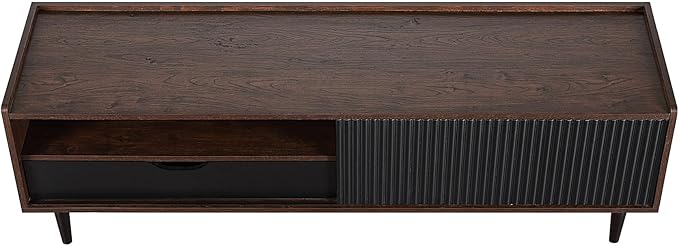 Manhattan Comfort Duane Modern Ribbed 55 Inch TV Stand with 1 Drawer, 2 Shelves, Sliding Door, and Wire Management, Mid-Century Style Entertainment Center and Media Console for Living Room, Black