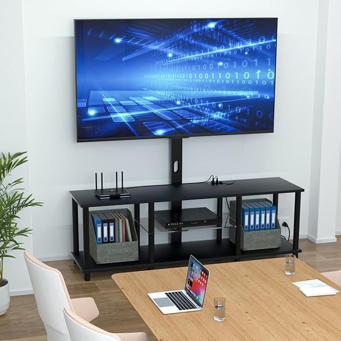 TV Stand with Mount and Led Light，Black TV Stand with Power Outlets for 32/40/43/50/55/60/65/70 Inch TV,Entertainment Center with Open Storage Shelf for Bedroom/Living Room/Office
