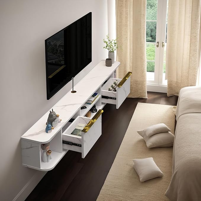 Pmnianhua Floating TV Console with 2 Drawers, 78'' Wall Mount TV Shelf, Media Console for Bedroom & Living Room (White)
