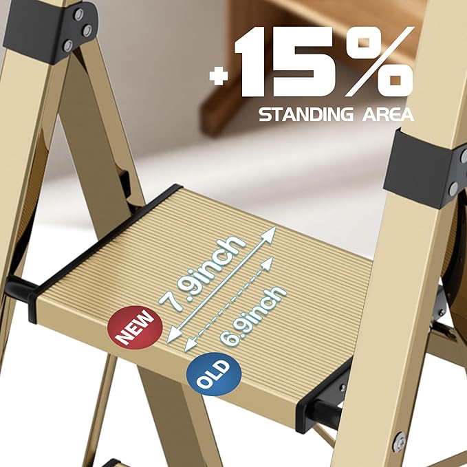 5 Step Step Ladder,Lightweight Folding Step Stool with Anti-Slip Aluminum Wide Pedal&Convenient Handgrip,Steel Ladder for Household and Office(Gold)