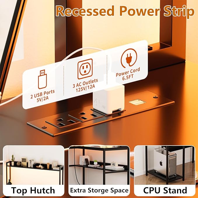L Shaped Computer Desk with Hutch and Storage Shelves, Gaming Desk with LED Lights, Reversible L-Shaped Desk with Power Outlets, Home Office Desk, Corner Desk, Black