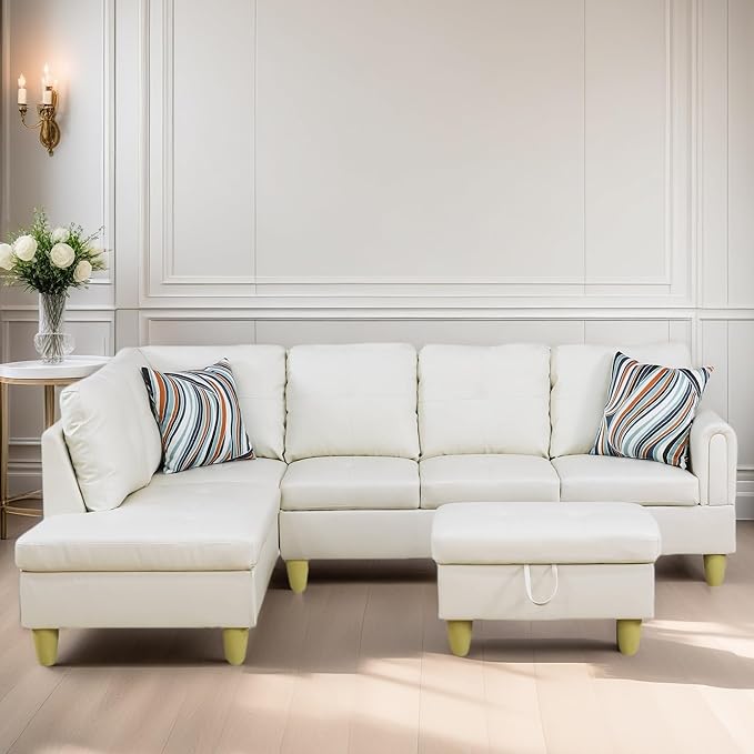 L Shaped Sectional Couches for Living Room, Modern Modular Sectional Sofa with Ottoman Storage, Comfy L Shaped Couch with Chaise for Bedroom Apartment Furniture, White
